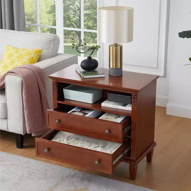Table d’appoint avec 2 tiroirs et étagères ouvertes, table de chevet vintage avec ports USB et prises, pieds en bois robustes