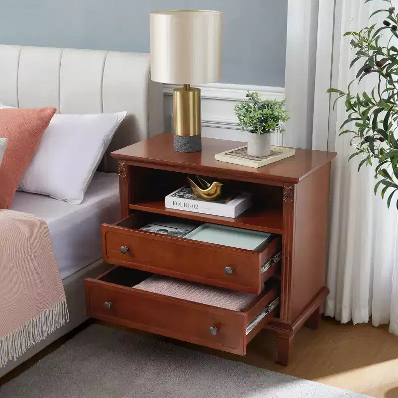 Table d’appoint avec 2 tiroirs et étagères ouvertes, table de chevet vintage avec ports USB et prises, pieds en bois robustes
