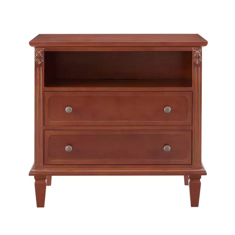 Table d’appoint avec 2 tiroirs et étagères ouvertes, table de chevet vintage avec ports USB et prises, pieds en bois robustes
