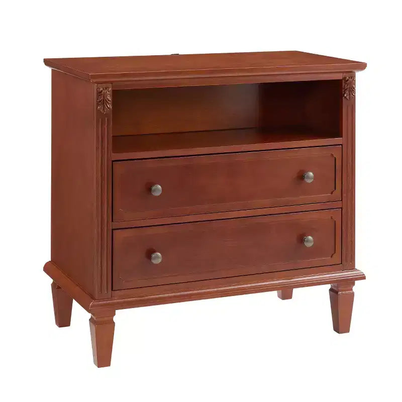 Table d’appoint avec 2 tiroirs et étagères ouvertes, table de chevet vintage avec ports USB et prises, pieds en bois robustes