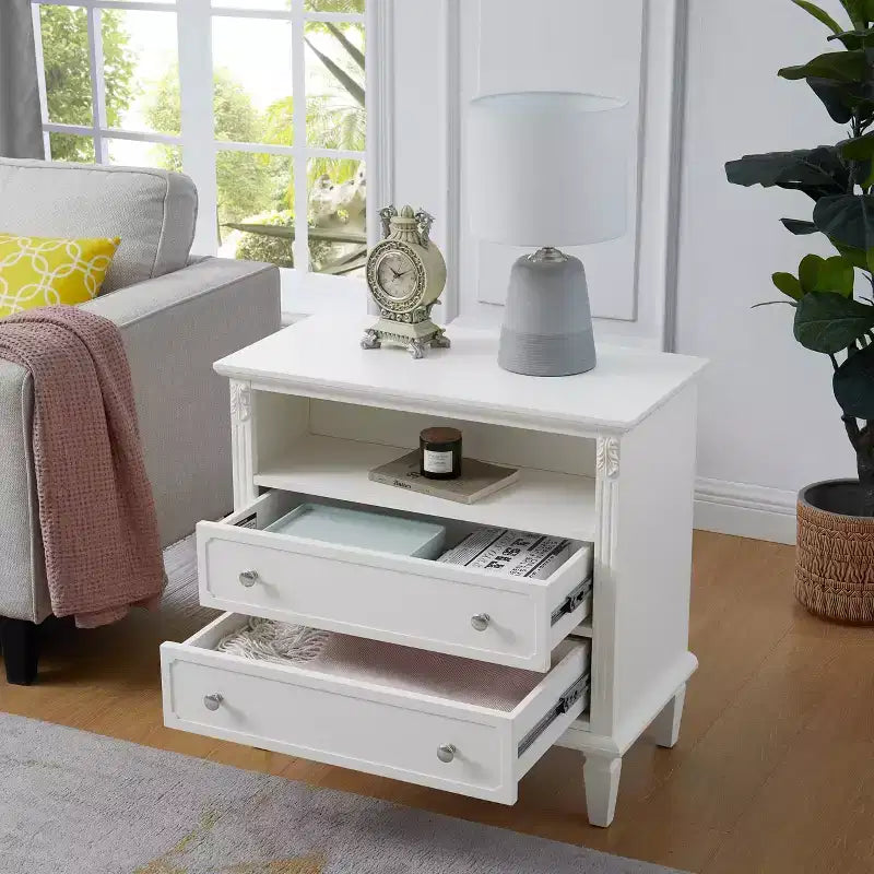 Table d’appoint avec 2 tiroirs et étagères ouvertes, table de chevet vintage avec ports USB et prises, pieds en bois robustes
