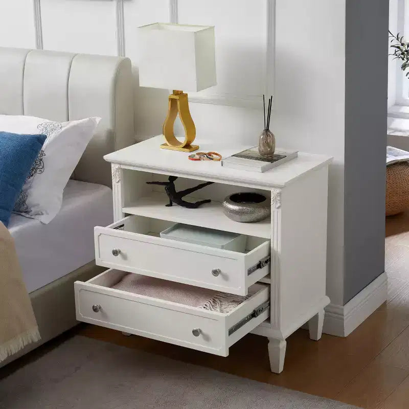 Table d’appoint avec 2 tiroirs et étagères ouvertes, table de chevet vintage avec ports USB et prises, pieds en bois robustes