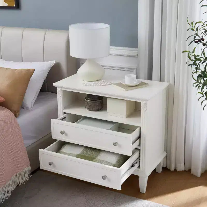 Table d’appoint avec 2 tiroirs et étagères ouvertes, table de chevet vintage avec ports USB et prises, pieds en bois robustes