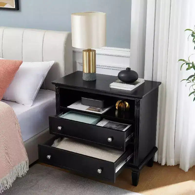 End Table with 2 Drawers and Open Shelves, Vintage Side Table Bedside Tables with USB Ports and Outlets, Wood Legs Support, Nightstand