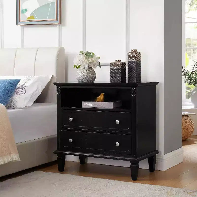 End Table with 2 Drawers and Open Shelves, Vintage Side Table Bedside Tables with USB Ports and Outlets, Wood Legs Support, Nightstand