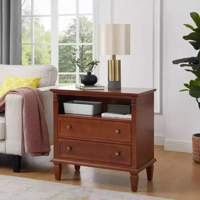 Table d’appoint avec 2 tiroirs et étagères ouvertes, table de chevet vintage avec ports USB et prises, pieds en bois robustes