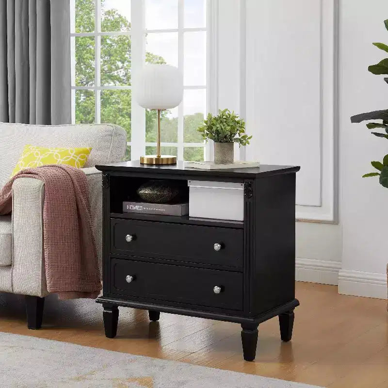 End Table with 2 Drawers and Open Shelves, Vintage Side Table Bedside Tables with USB Ports and Outlets, Wood Legs Support, Nightstand