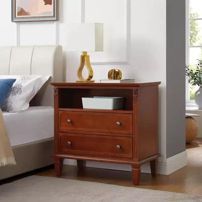 End Table with 2 Drawers and Open Shelves, Vintage Side Table Bedside Tables with USB Ports and Outlets, Wood Legs Support, Nightstand