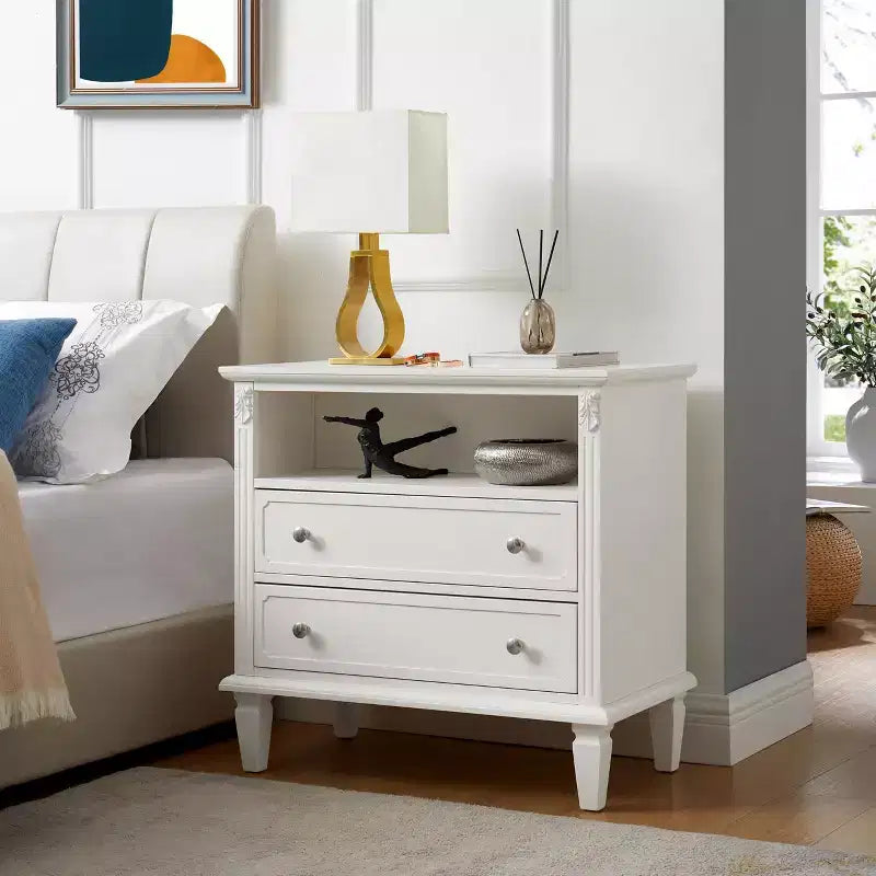 End Table with 2 Drawers and Open Shelves, Vintage Side Table Bedside Tables with USB Ports and Outlets, Wood Legs Support, Nightstand