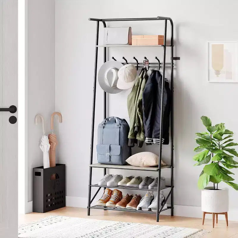 Acekool 4-in-1-Garderobenständer für den Eingangsbereich mit Schuhregal und Haken, Stahlrahmen