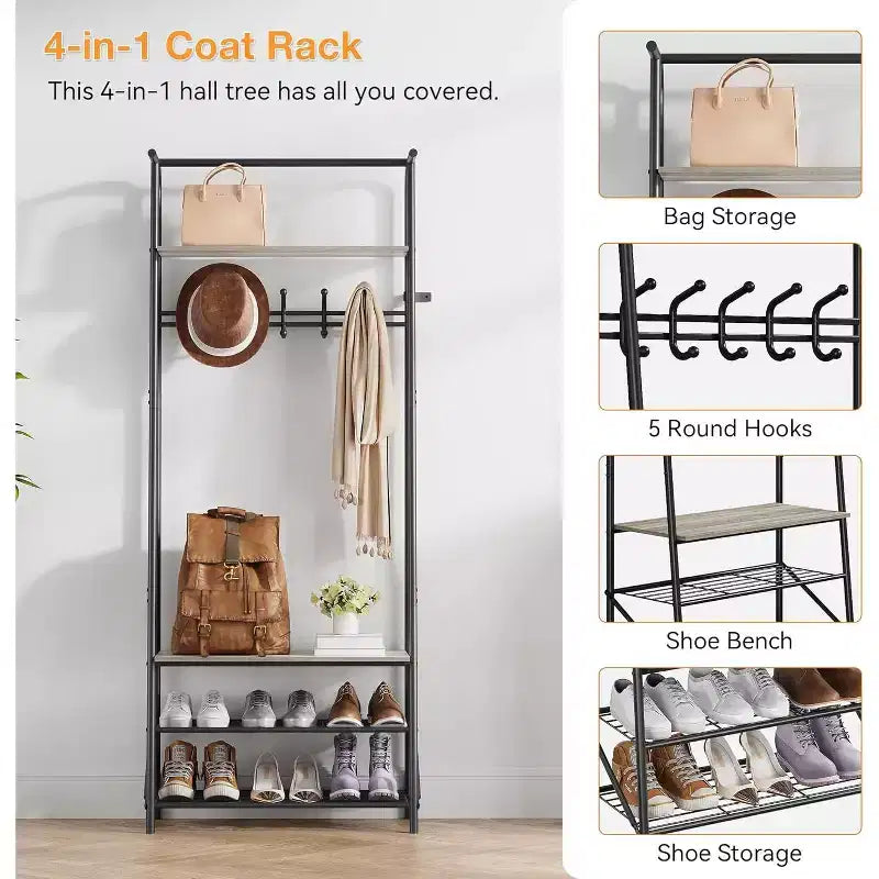 Acekool 4-in-1-Garderobenständer für den Eingangsbereich mit Schuhregal und Haken, Stahlrahmen