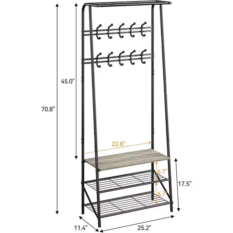 Acekool 4-in-1-Garderobenständer für den Eingangsbereich mit Schuhregal und Haken, Stahlrahmen