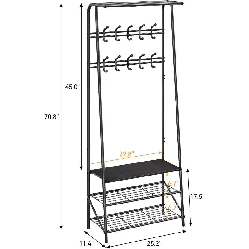 Acekool 4-in-1-Garderobenständer für den Eingangsbereich mit Schuhregal und Haken, Stahlrahmen