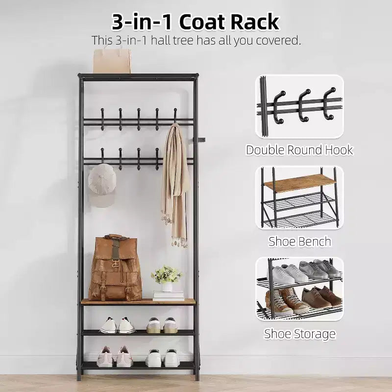Acekool 4-in-1-Garderobenständer für den Eingangsbereich mit Schuhregal und Haken, Stahlrahmen