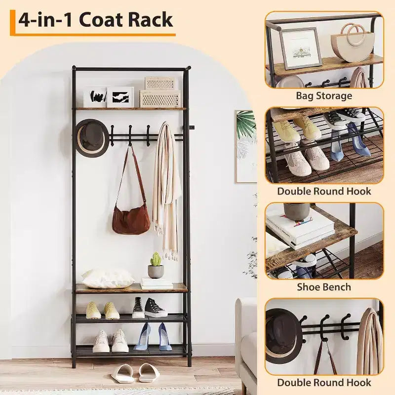 Acekool 4-in-1-Garderobenständer für den Eingangsbereich mit Schuhregal und Haken, Stahlrahmen