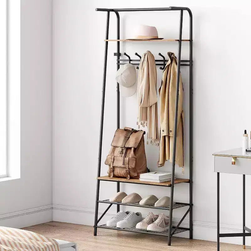 Acekool 4-in-1-Garderobenständer für den Eingangsbereich mit Schuhregal und Haken, Stahlrahmen