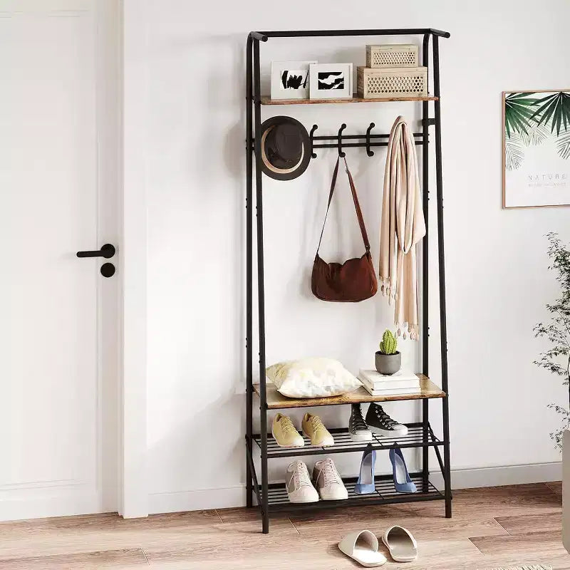 Acekool 4-in-1-Garderobenständer für den Eingangsbereich mit Schuhregal und Haken, Stahlrahmen