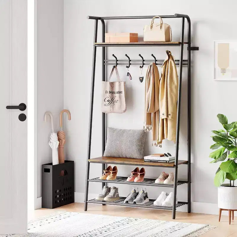 Acekool 4-in-1-Garderobenständer für den Eingangsbereich mit Schuhregal und Haken, Stahlrahmen