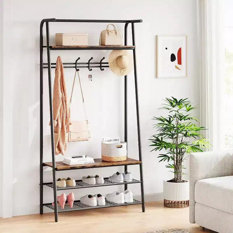 Acekool 4-in-1-Garderobenständer für den Eingangsbereich mit Schuhregal und Haken, Stahlrahmen