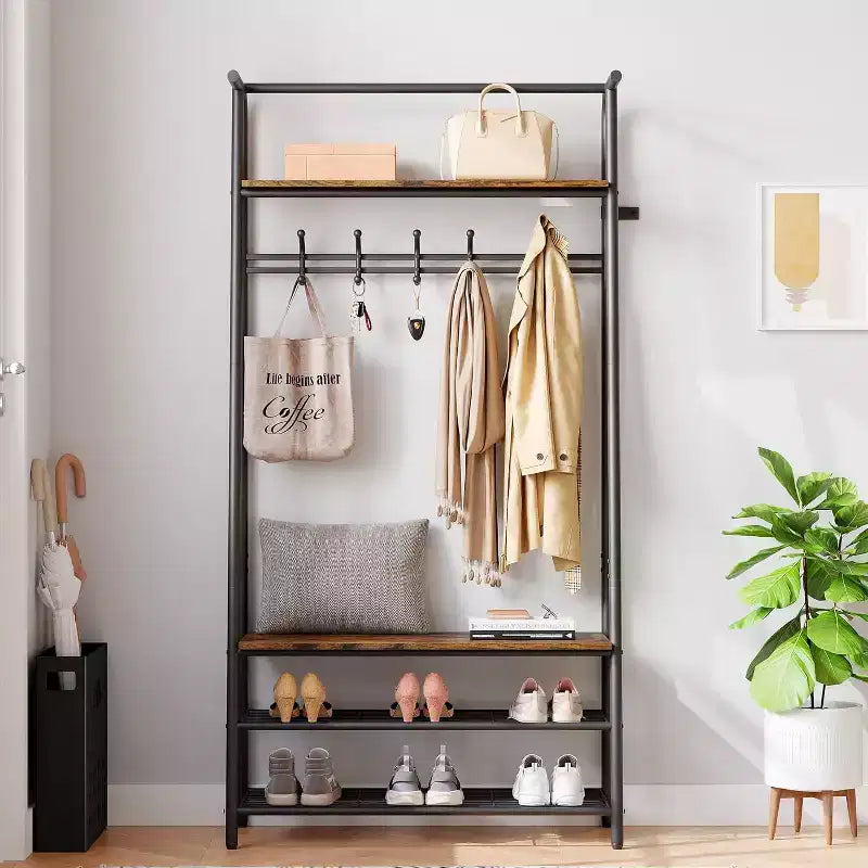 Árbol de recibidor 4 en 1 Acekool con zapatero y ganchos, estructura de acero