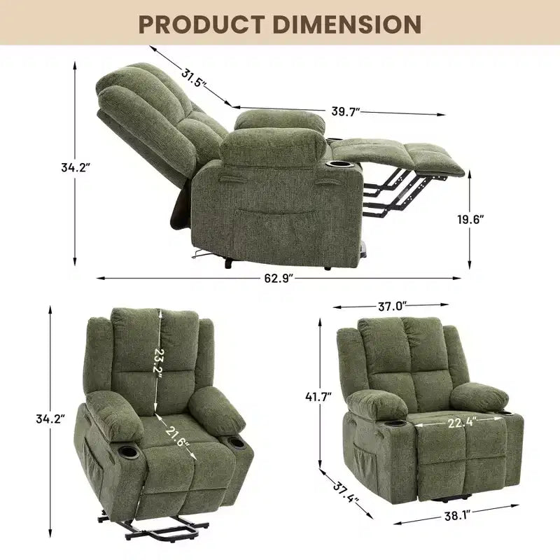 Power Lift Recliner Chair with Heat & Massage, Oversized Electric Lift Recliner with Side Pocket, Single Sofa Seat for Living Room