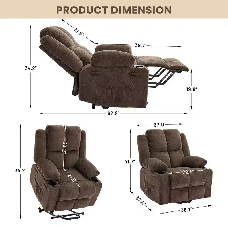 Power Lift Recliner Chair with Heat & Massage, Oversized Electric Lift Recliner with Side Pocket, Single Sofa Seat for Living Room