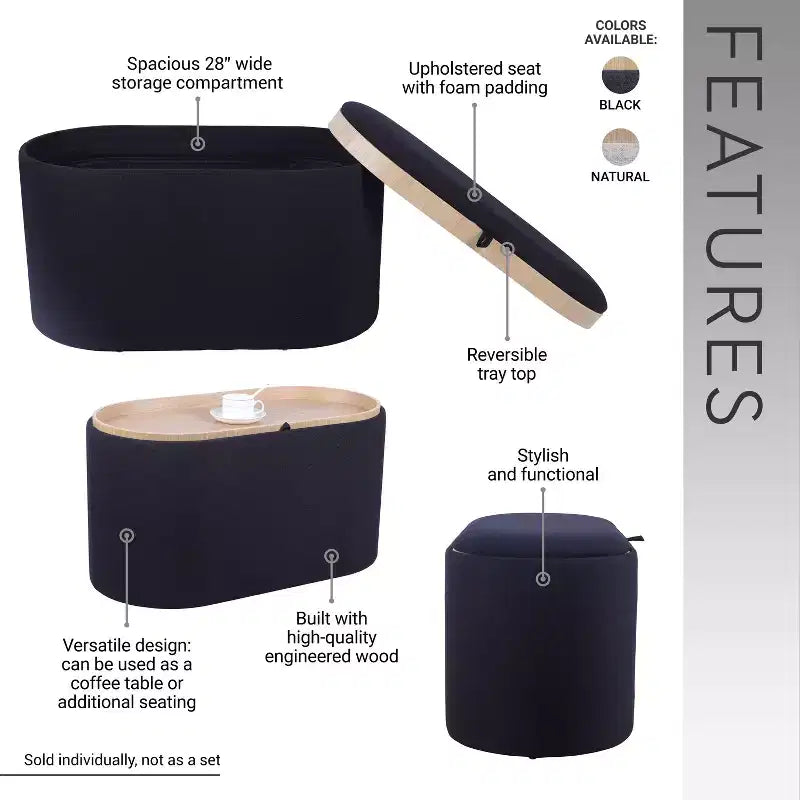 Okak Modern Stylish Soft Fabric Storage Bench with Reversible Wooden Tray Top,Comfort Ottoman Coffee Table for Bedroom,Living Room