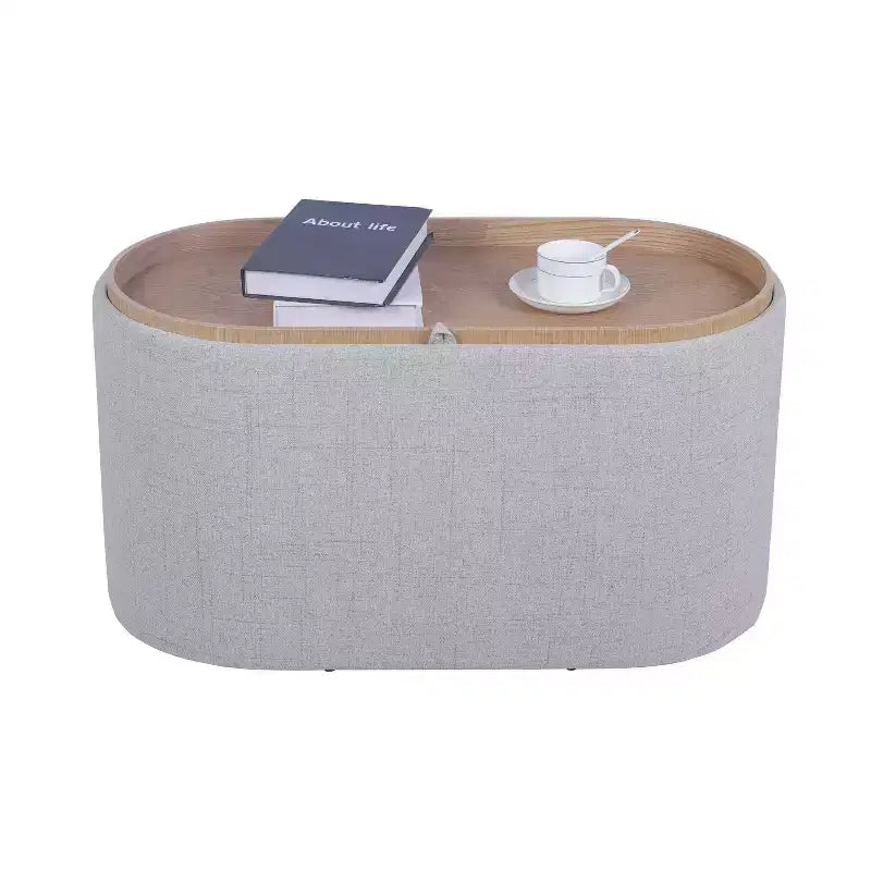 Okak Modern Stylish Soft Fabric Storage Bench with Reversible Wooden Tray Top,Comfort Ottoman Coffee Table for Bedroom,Living Room