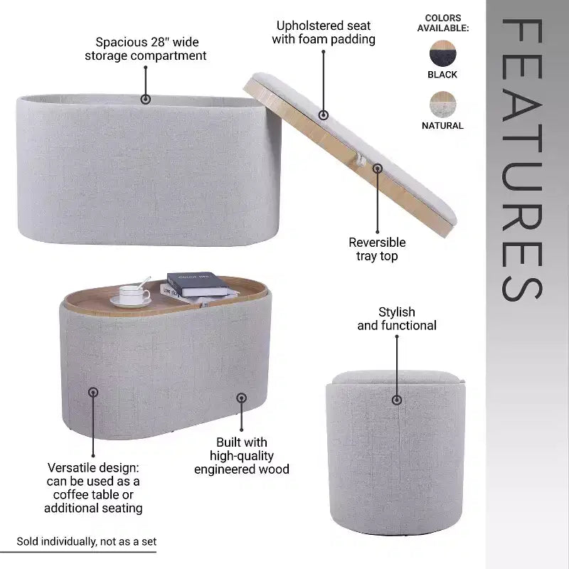 Okak Modern Stylish Soft Fabric Storage Bench with Reversible Wooden Tray Top,Comfort Ottoman Coffee Table for Bedroom,Living Room
