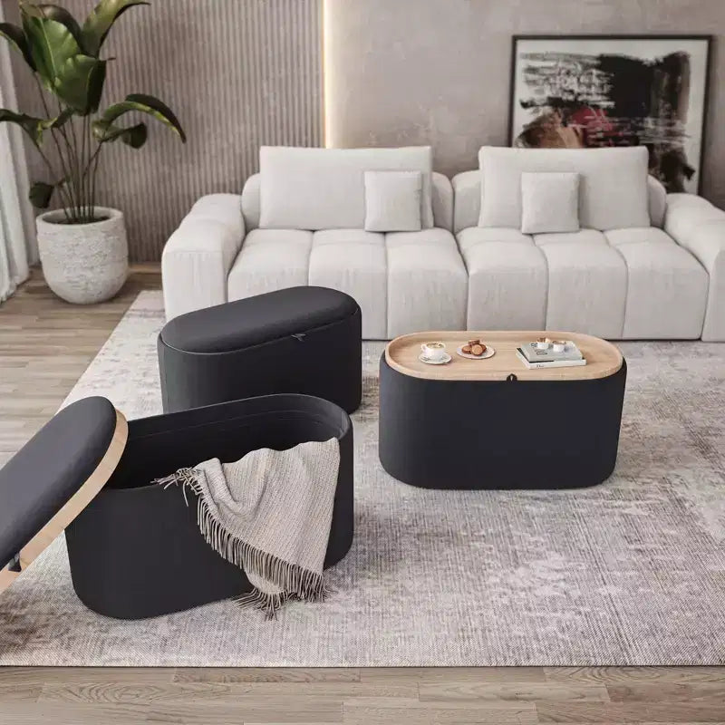 Okak Modern Stylish Soft Fabric Storage Bench with Reversible Wooden Tray Top,Comfort Ottoman Coffee Table for Bedroom,Living Room
