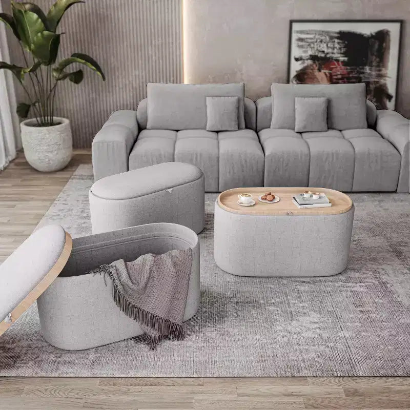 Okak Modern Stylish Soft Fabric Storage Bench with Reversible Wooden Tray Top,Comfort Ottoman Coffee Table for Bedroom,Living Room