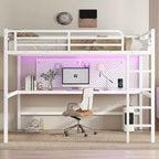 Bellemave Metal Queen Size Loft Bed with Power Outlet and LED Lighted, Space-Saving, Noise Reduced, White