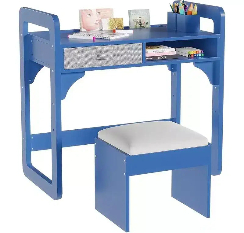 Wooden Study Desk & Chair Set, Writing Table with Spacious Cloth Drawers & Built - in Pen Holder for Organized Learning