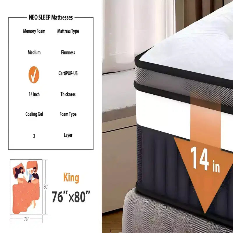 Matelas queen, matelas hybride de 14 pouces en mousse à mémoire de forme avec gel et ressorts ensachés individuellement, matelas queen emballé sous vide, certifié CertiPUR-US