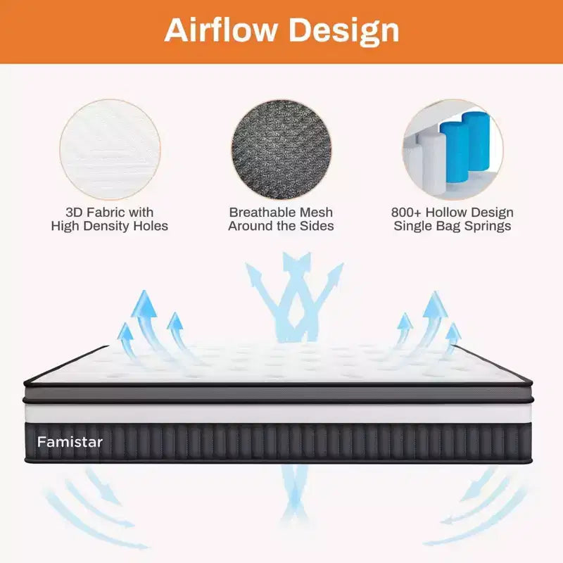 Matelas queen, matelas hybride de 14 pouces en mousse à mémoire de forme avec gel et ressorts ensachés individuellement, matelas queen emballé sous vide, certifié CertiPUR-US