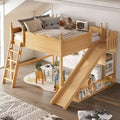 Bellemave Queen Loft Bed with Guardrail,Storage Shelves and Cabinet,Solid Wood Loft Bed Frame with Detachable Slide and Ladders for Kids,Natural