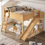 Bellemave Queen Loft Bed with Guardrail,Storage Shelves and Cabinet,Solid Wood Loft Bed Frame with Detachable Slide and Ladders for Kids,Natural