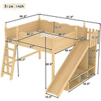 Lit mezzanine double Bellemave avec garde-corps, étagères et armoire de rangement, cadre en bois massif avec toboggan et échelles amovibles pour enfants, finition naturelle