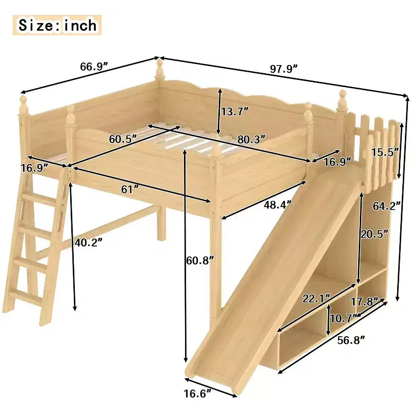 Lit mezzanine double Bellemave avec garde-corps, étagères et armoire de rangement, cadre en bois massif avec toboggan et échelles amovibles pour enfants, finition naturelle