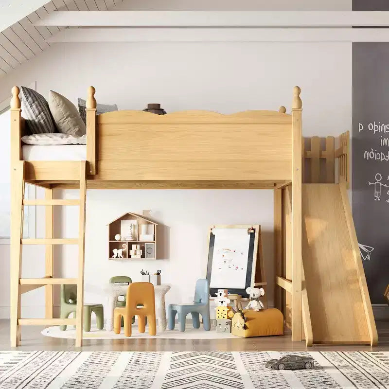 Lit mezzanine double Bellemave avec garde-corps, étagères et armoire de rangement, cadre en bois massif avec toboggan et échelles amovibles pour enfants, finition naturelle