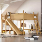 Lit mezzanine double Bellemave avec garde-corps, étagères et armoire de rangement, cadre en bois massif avec toboggan et échelles amovibles pour enfants, finition naturelle