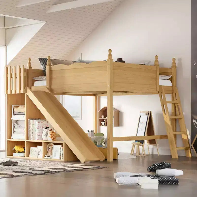 Lit mezzanine double Bellemave avec garde-corps, étagères et armoire de rangement, cadre en bois massif avec toboggan et échelles amovibles pour enfants, finition naturelle