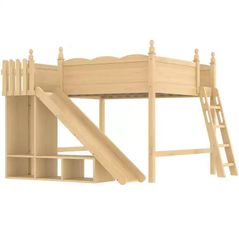 Lit mezzanine double Bellemave avec garde-corps, étagères et armoire de rangement, cadre en bois massif avec toboggan et échelles amovibles pour enfants, finition naturelle