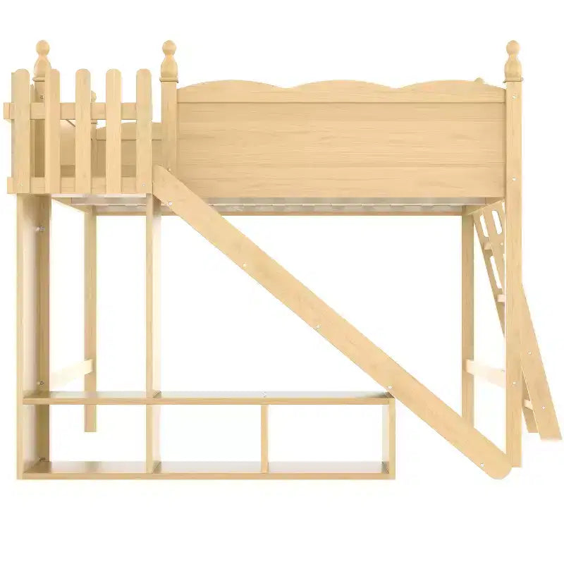 Lit mezzanine double Bellemave avec garde-corps, étagères et armoire de rangement, cadre en bois massif avec toboggan et échelles amovibles pour enfants, finition naturelle