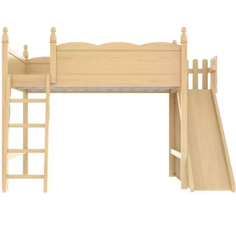 Lit mezzanine double Bellemave avec garde-corps, étagères et armoire de rangement, cadre en bois massif avec toboggan et échelles amovibles pour enfants, finition naturelle