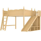 Lit mezzanine double Bellemave avec garde-corps, étagères et armoire de rangement, cadre en bois massif avec toboggan et échelles amovibles pour enfants, finition naturelle