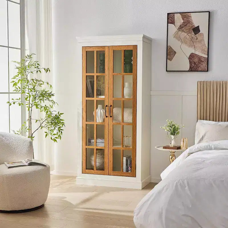71.2 Tall Display Cabinet with Glass Doors, 5 Tiers Curio Display Case with 2 Adjustable Shelves and 2 Fixed Shelves