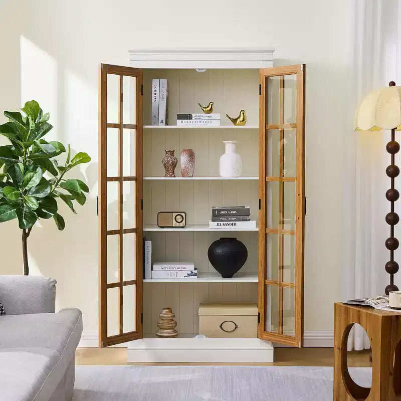 71.2 Tall Display Cabinet with Glass Doors, 5 Tiers Curio Display Case with 2 Adjustable Shelves and 2 Fixed Shelves