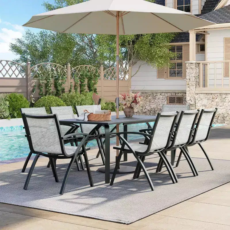 COZONY Ensemble repas de jardin 9 pièces avec table et chaises en aluminium de 71 pouces, mobilier de jardin résistant aux intempéries avec trou pour parasol, pour 8 personnes