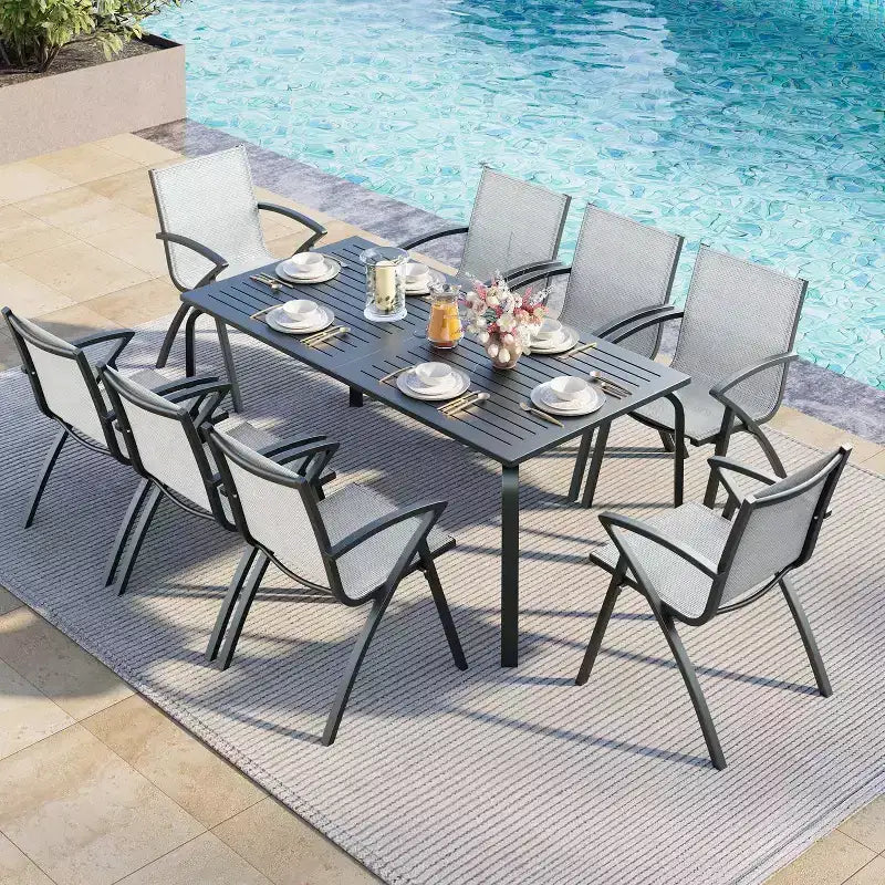 COZONY Ensemble repas de jardin 9 pièces avec table et chaises en aluminium de 71 pouces, mobilier de jardin résistant aux intempéries avec trou pour parasol, pour 8 personnes